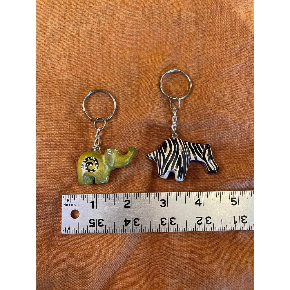 African Animal Keychains Lot Of Two Zebra Elephant Carved Stone skustool